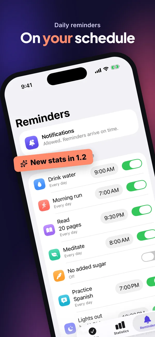 Generated screenshot: On your schedule, with a tilted device and a 'New stats in 1.2' sticker